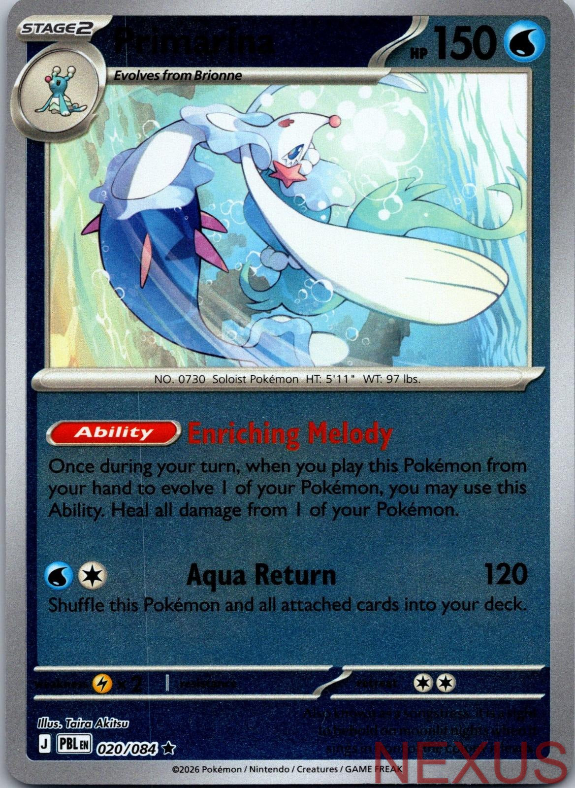 Primarina 020/084 Rare Reverse Holo Near Mint