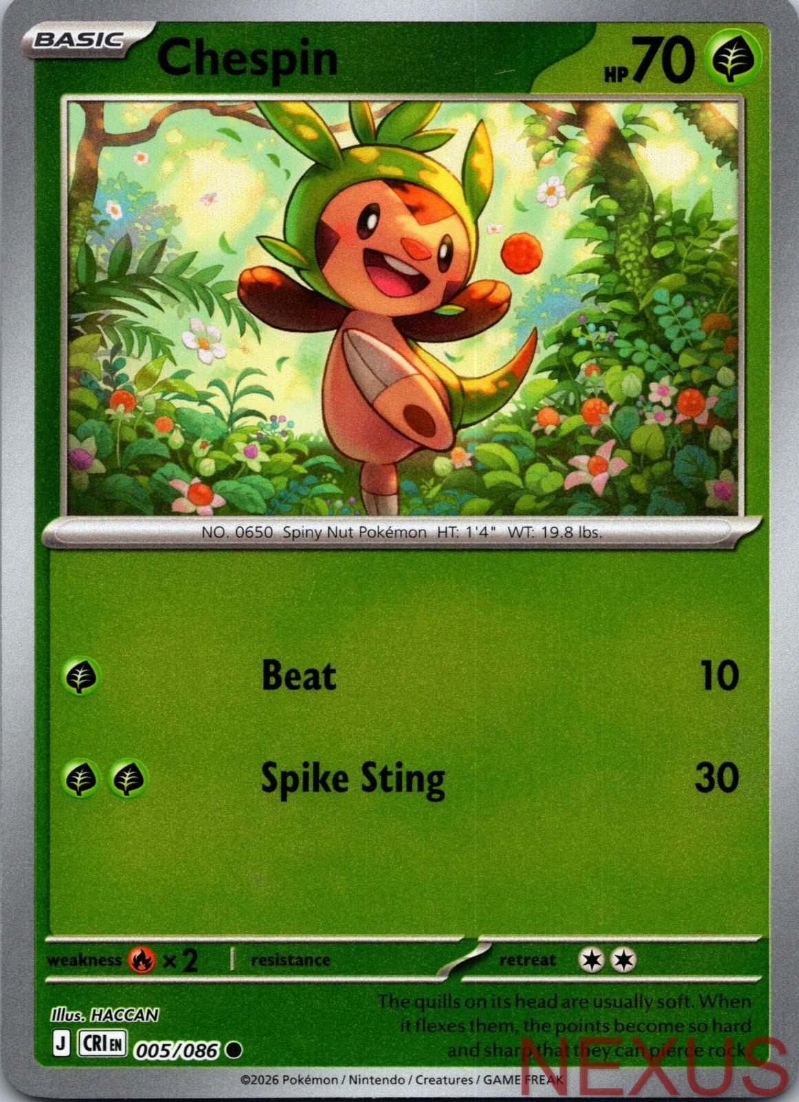 Chespin 005/086 Common Chaos Rising Pokemon Reverse Holo Near Mint