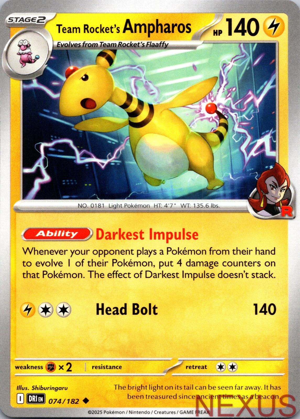 Team Rocket's Ampharos 074/182 Uncommon Near Mint
