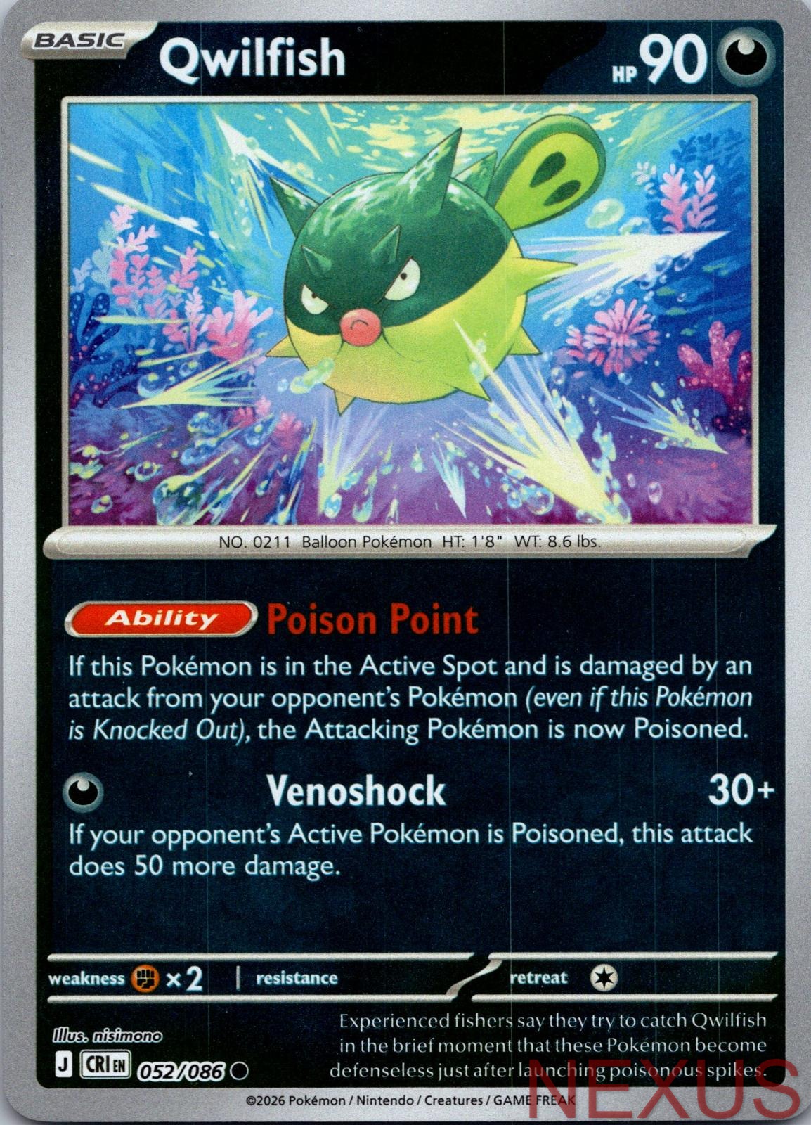 Qwilfish 052/086 Common Reverse Holo Near Mint