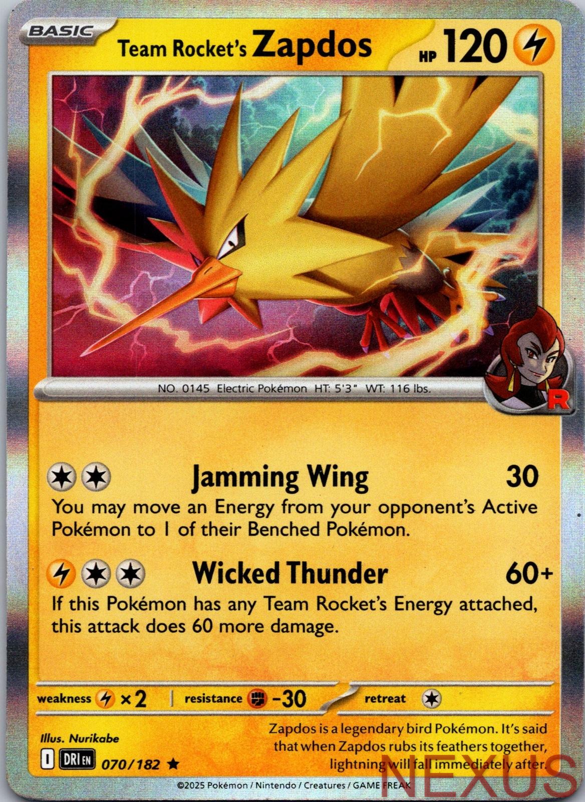 Team Rocket's Zapdos 070/182 Rare Holo Near Mint