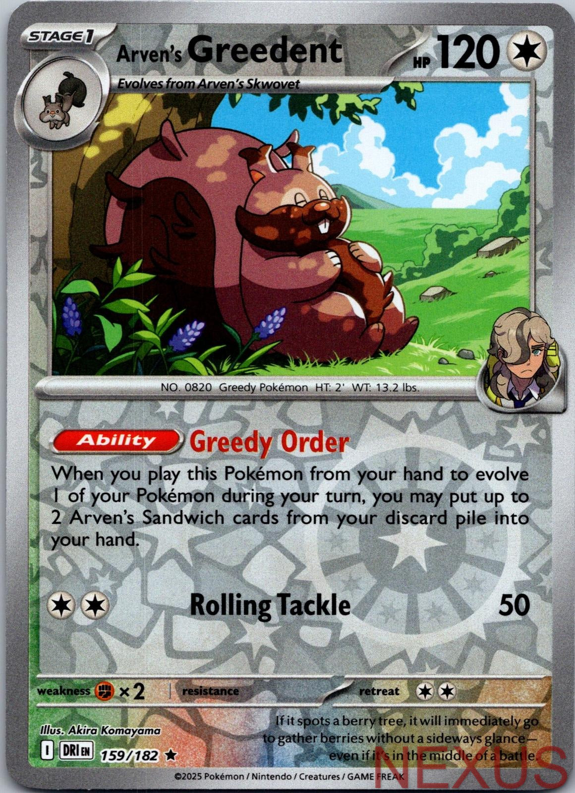 Arven's Greedent 159/182 Rare Reverse Holo Near Mint