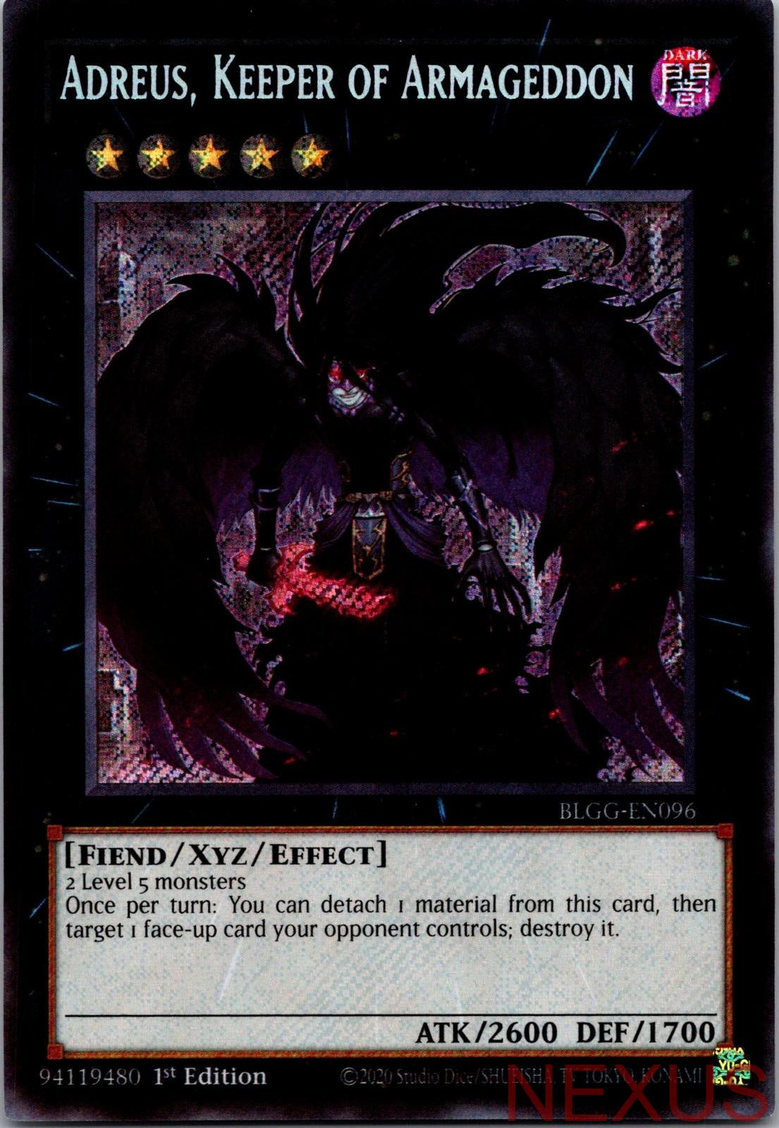 Adreus, Keeper of Armageddon BLGG-EN096 Secret Rare 1st Edition Near Mint